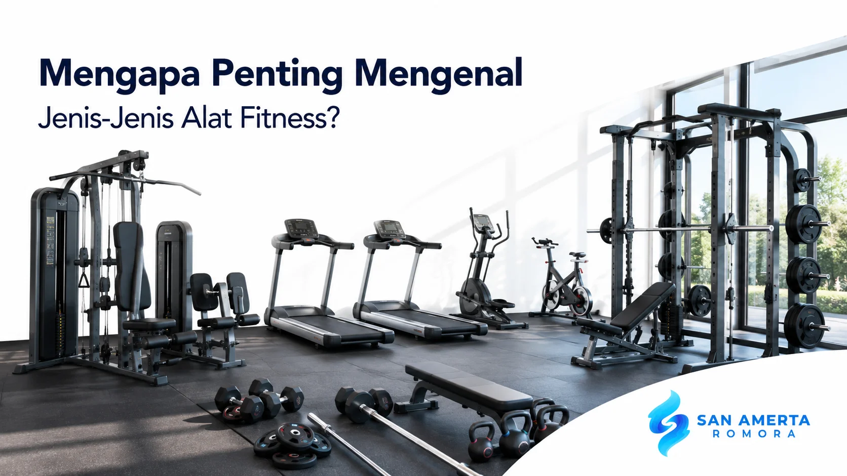 Beragam alat fitness di pusat kebugaran modern untuk mendukung latihan kardio, kekuatan, dan kebugaran tubuh.