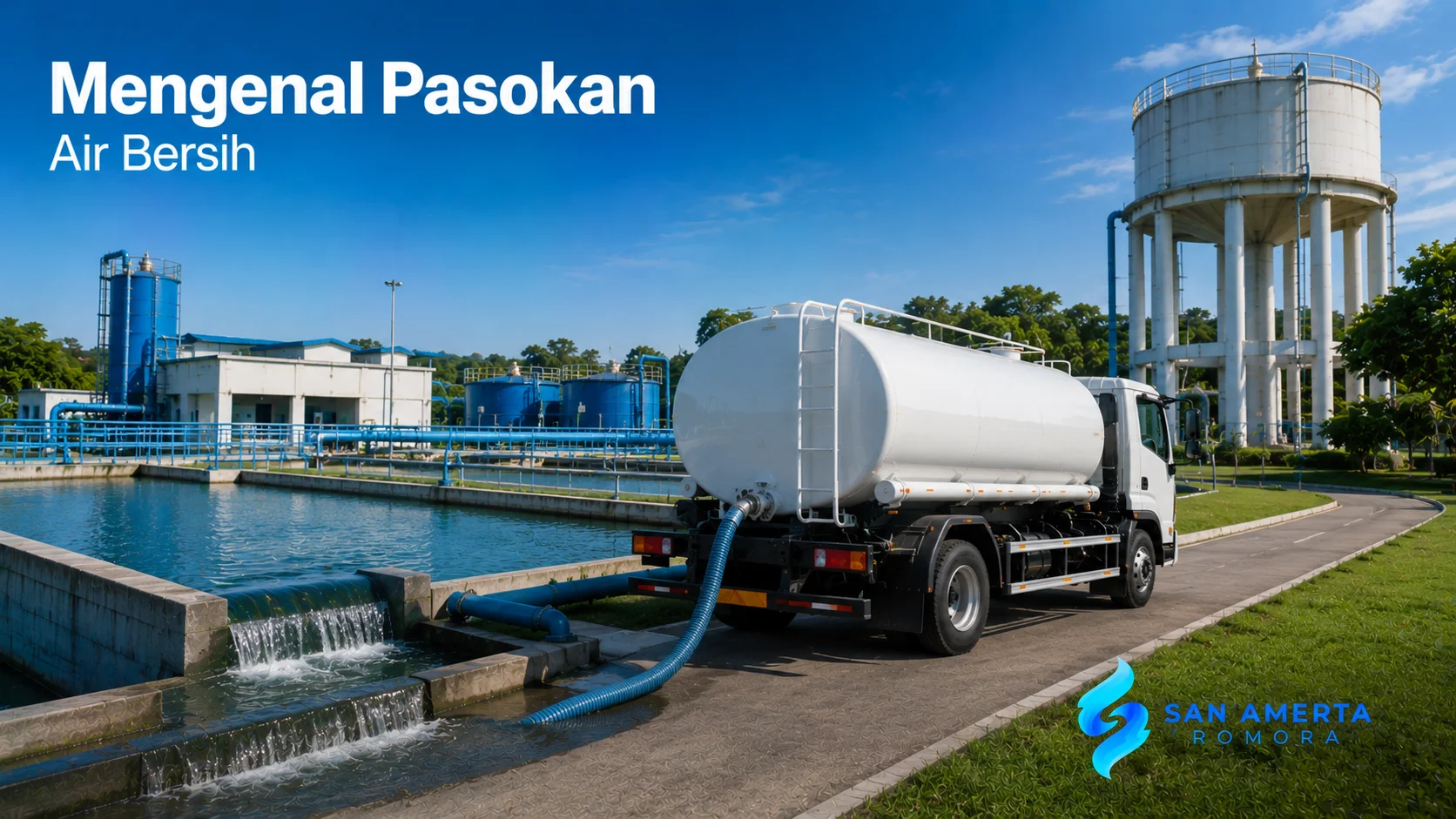 Water supply truck dalam proses pasokan air bersih dengan dukungan fasilitas pengolahan dan distribusi air.
