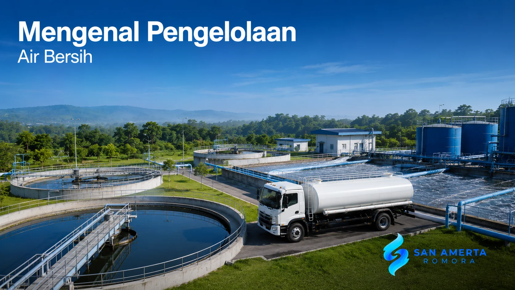 Fasilitas pengelolaan air bersih dengan water supply truck untuk mendukung proses distribusi dan penyediaan air.