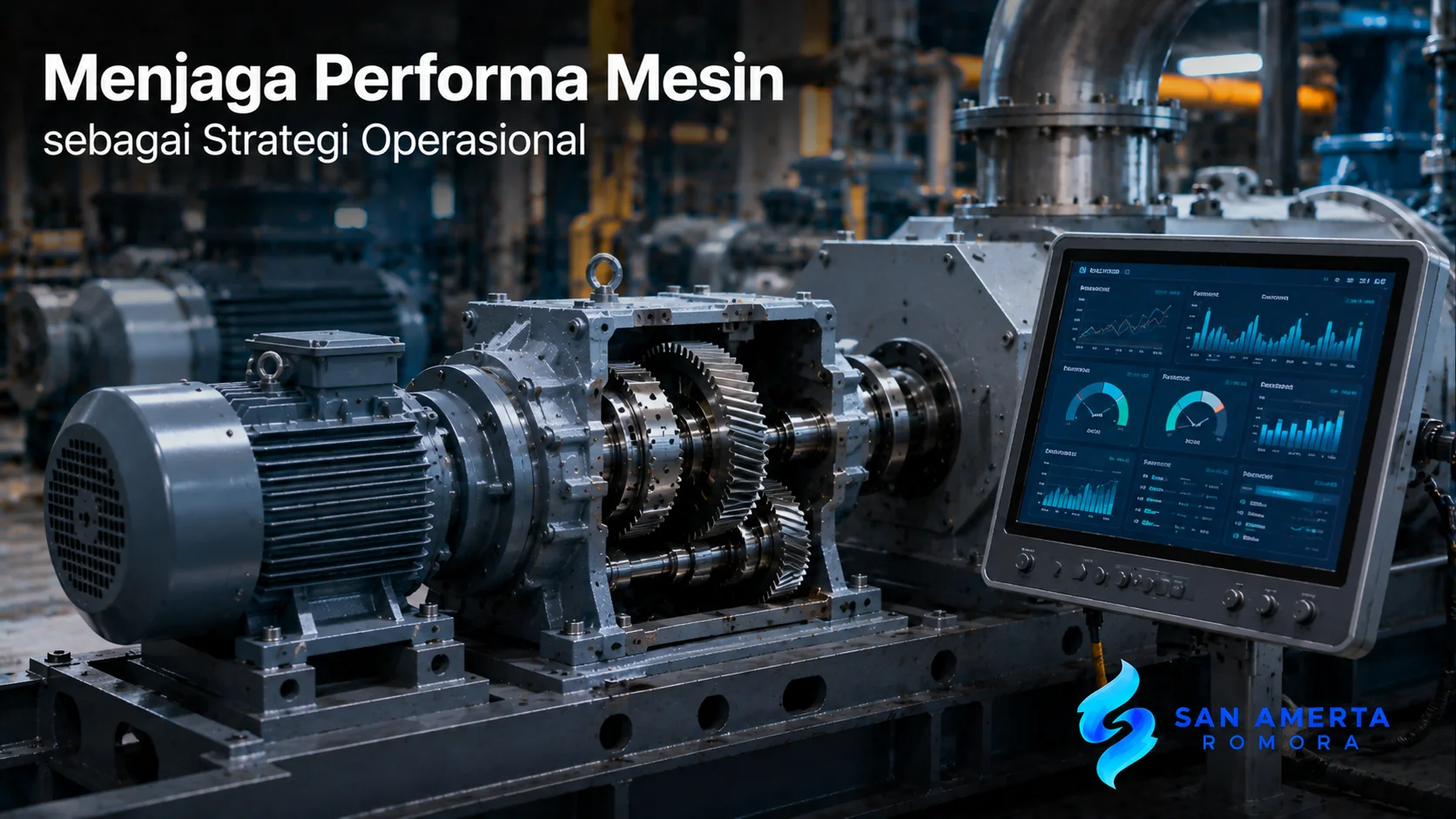 Mesin industri modern dengan sistem monitoring performa sebagai ilustrasi strategi menjaga kinerja mesin untuk mendukung operasional.