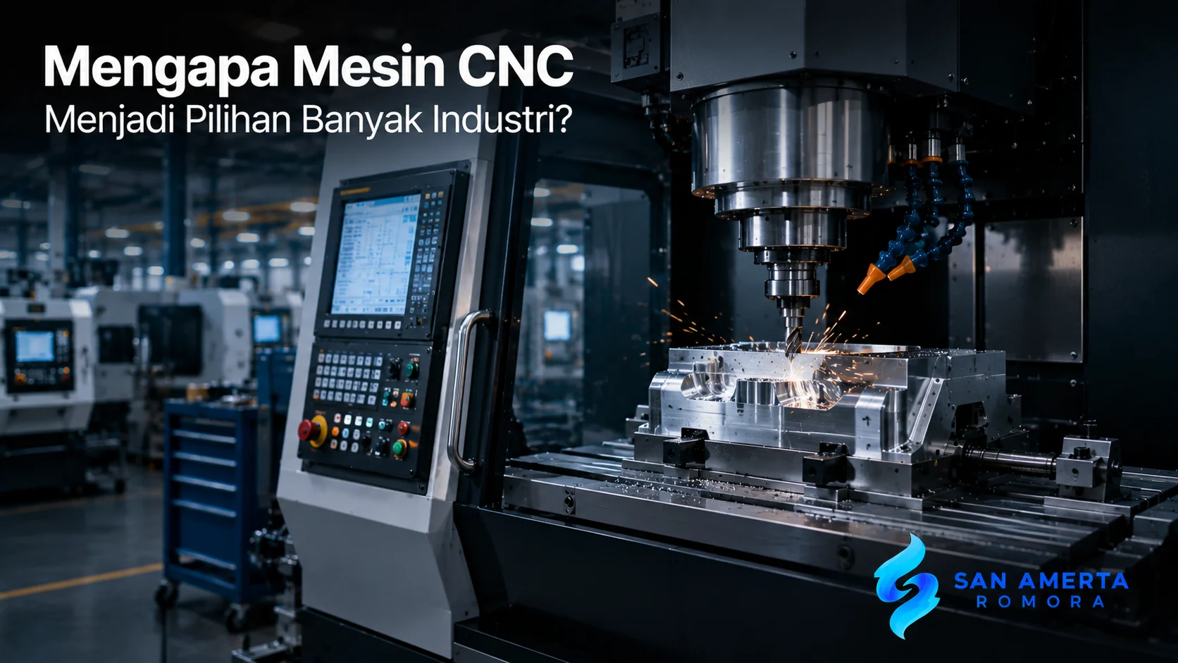 Mesin CNC modern sedang memproses komponen logam di area manufaktur sebagai ilustrasi teknologi pemesinan presisi untuk kebutuhan industri.