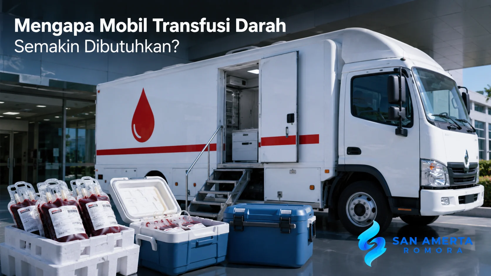 Mobil transfusi darah dengan fasilitas penyimpanan berpendingin untuk mendukung distribusi darah yang aman dan sesuai standar.