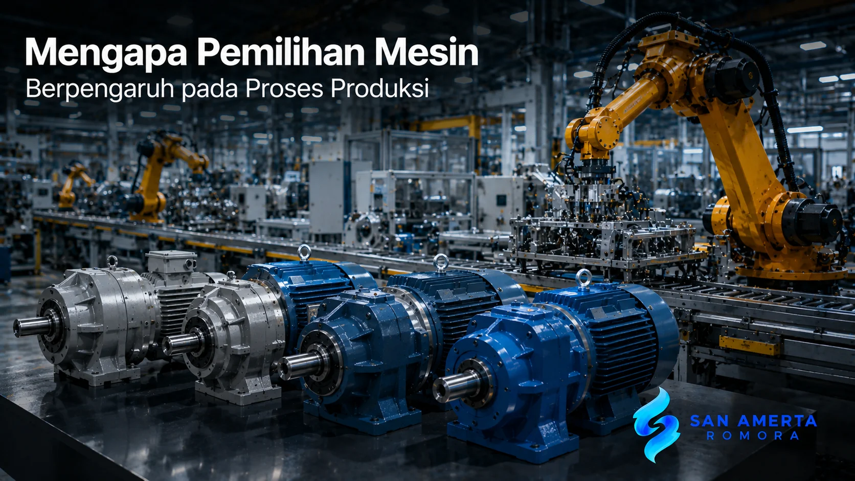 Beragam mesin industri modern di lini produksi otomatis sebagai ilustrasi pentingnya memilih mesin yang sesuai untuk mendukung proses manufaktur.