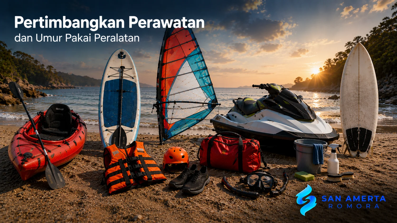 Perlengkapan olahraga air yang tersusun rapi di tepi pantai sebagai ilustrasi pentingnya perawatan dan umur pakai peralatan.