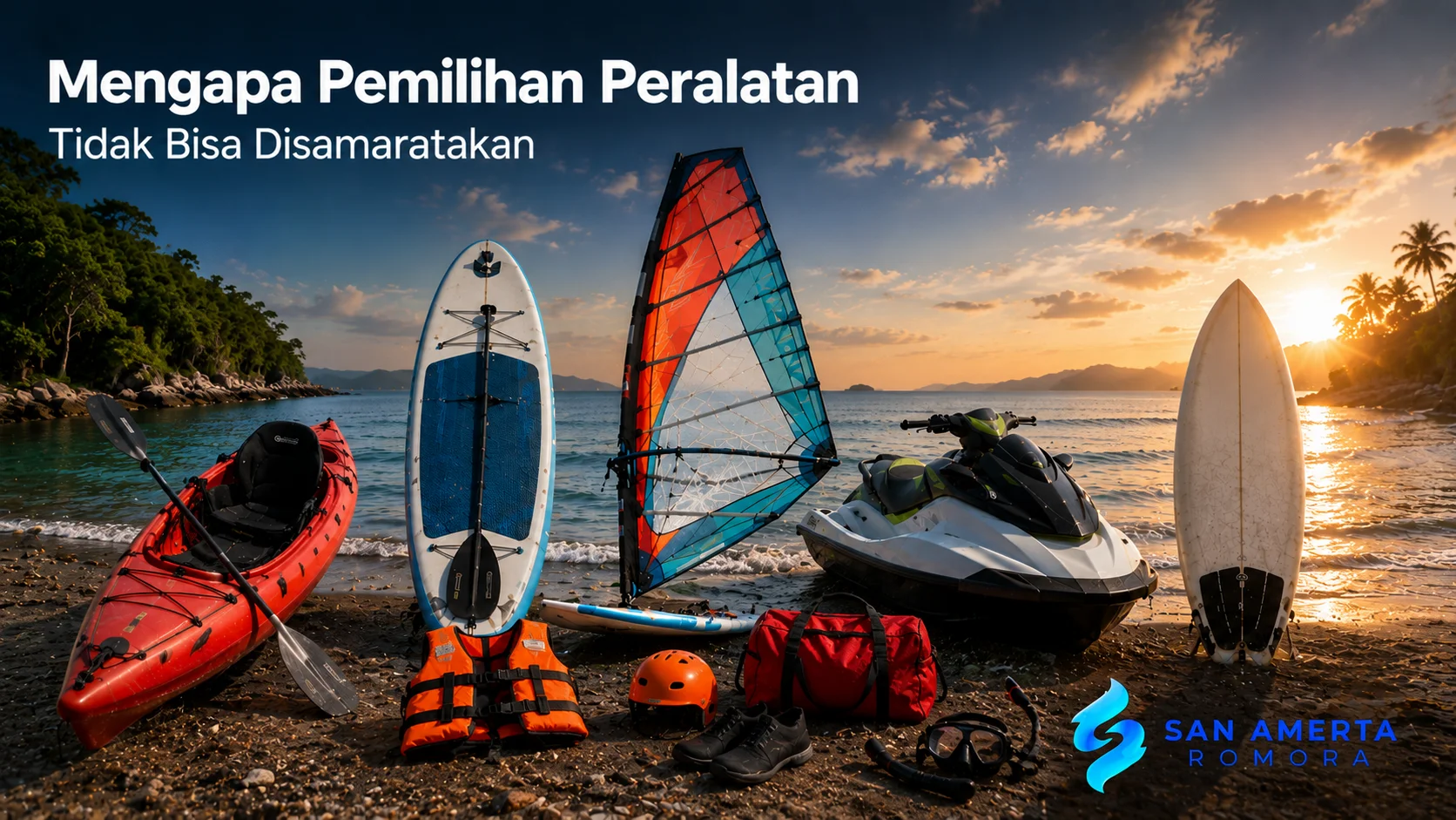 Berbagai perlengkapan olahraga air tersusun dalam satu lokasi pantai untuk menunjukkan fungsi yang berbeda pada setiap aktivitas.