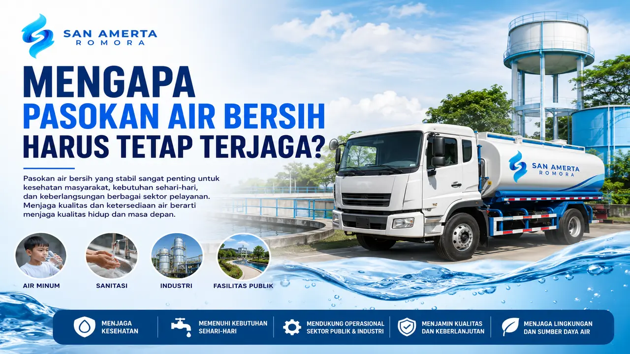 Pasokan air bersih menggunakan mobil tangki untuk mendukung distribusi air bersih ke masyarakat dan fasilitas publik.