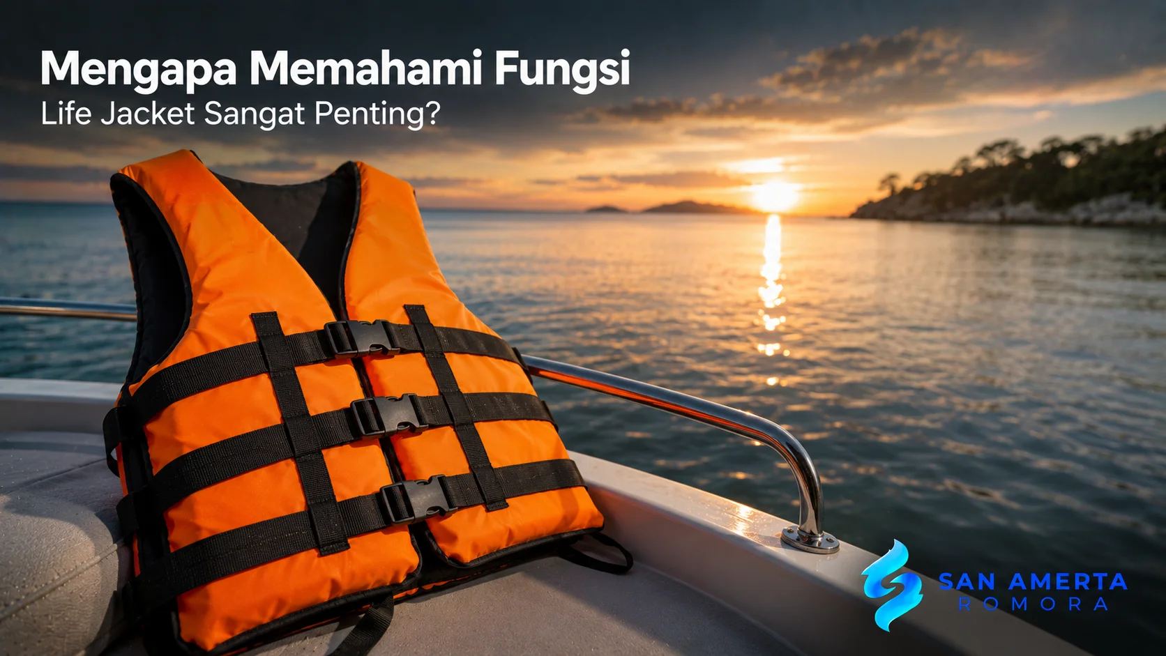 Life jacket berwarna oranye di atas perahu dengan latar perairan tenang sebagai perlengkapan keselamatan utama untuk aktivitas air.