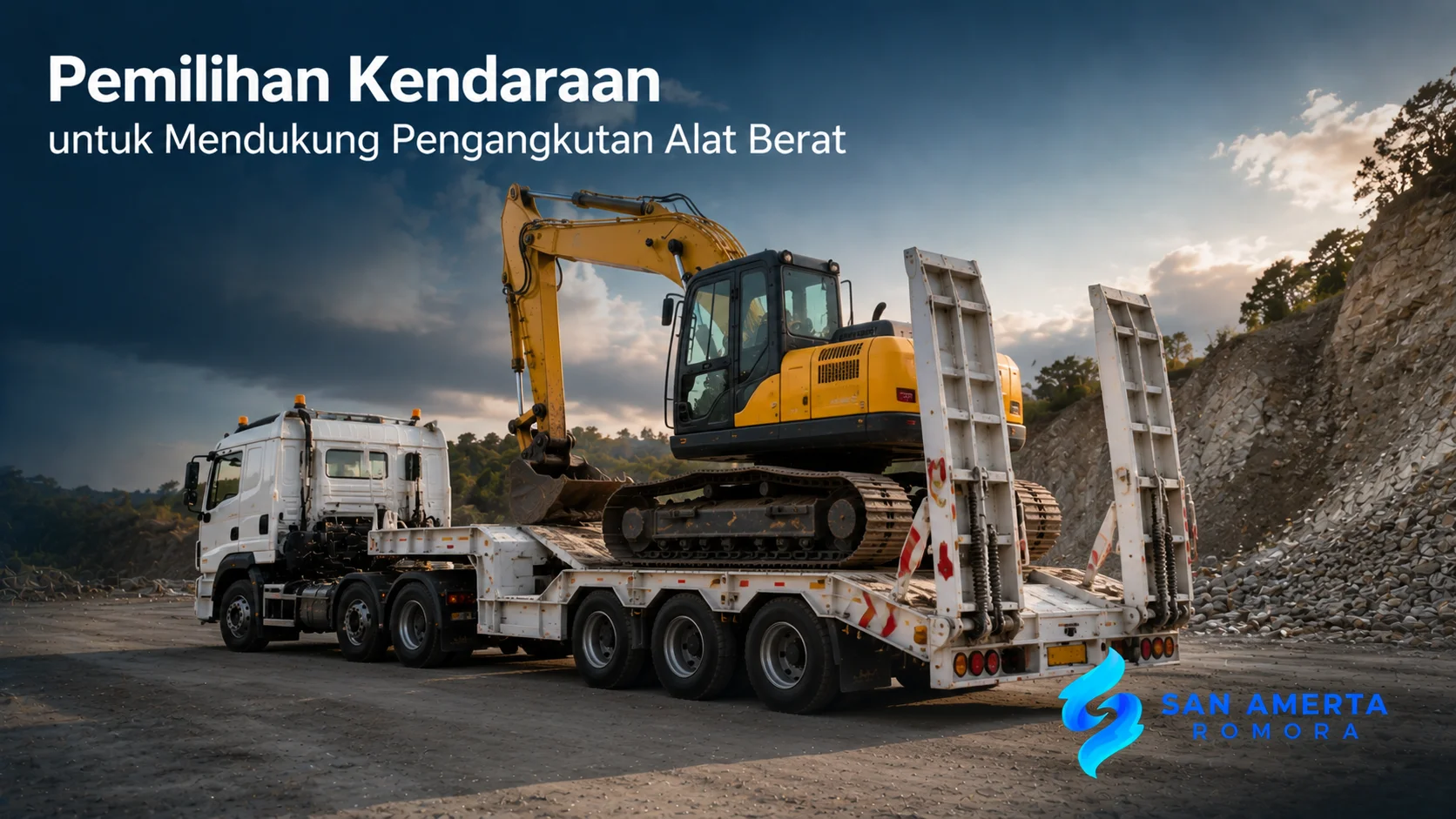 Kendaraan pengangkut alat berat membawa excavator menggunakan trailer khusus untuk mendukung mobilisasi proyek.