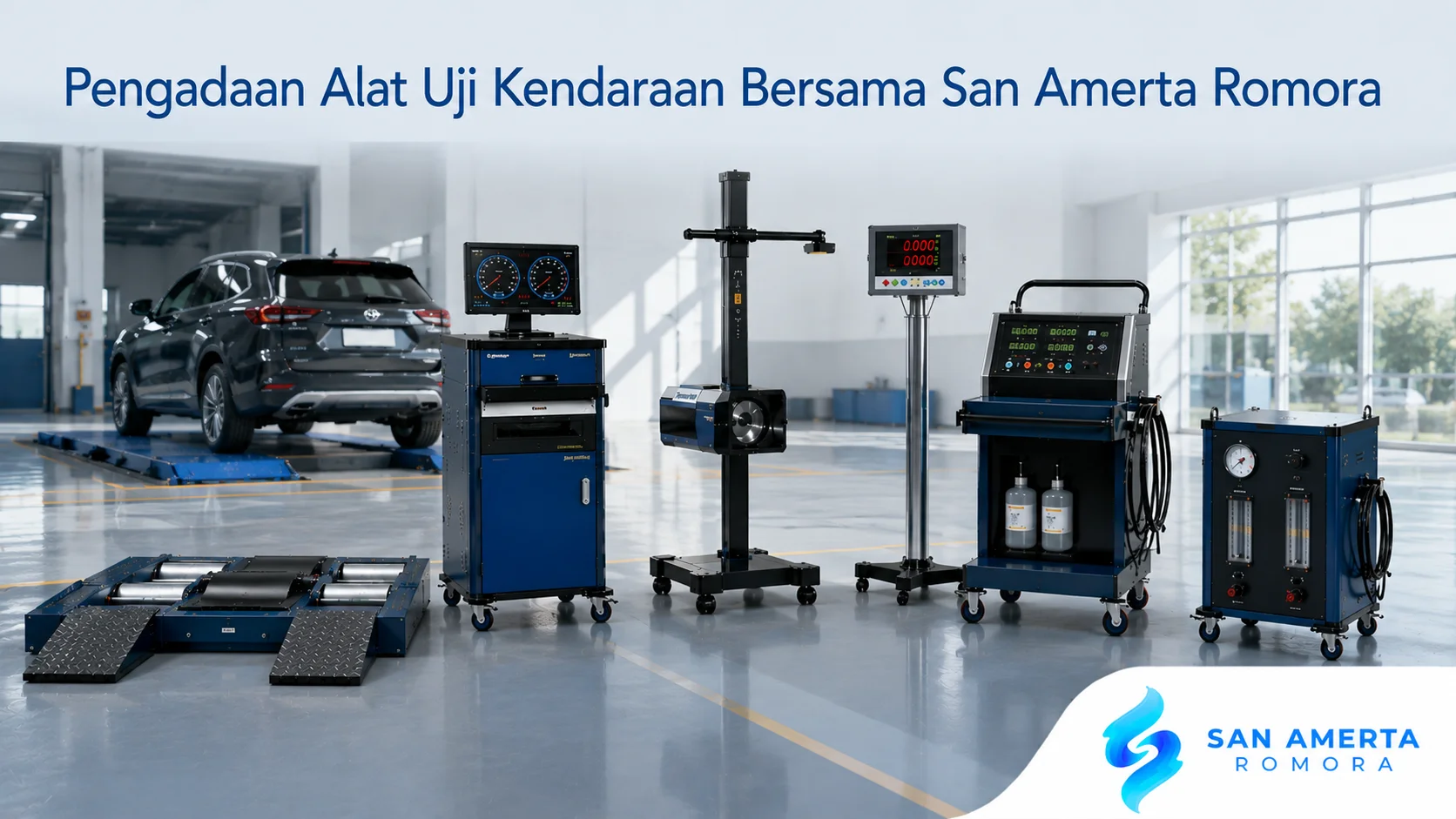 Berbagai alat uji kendaraan modern ditampilkan di fasilitas pengujian profesional dengan judul "Pengadaan Alat Uji Kendaraan Bersama San Amerta Romora" serta logo San Amerta Romora di pojok kanan bawah.