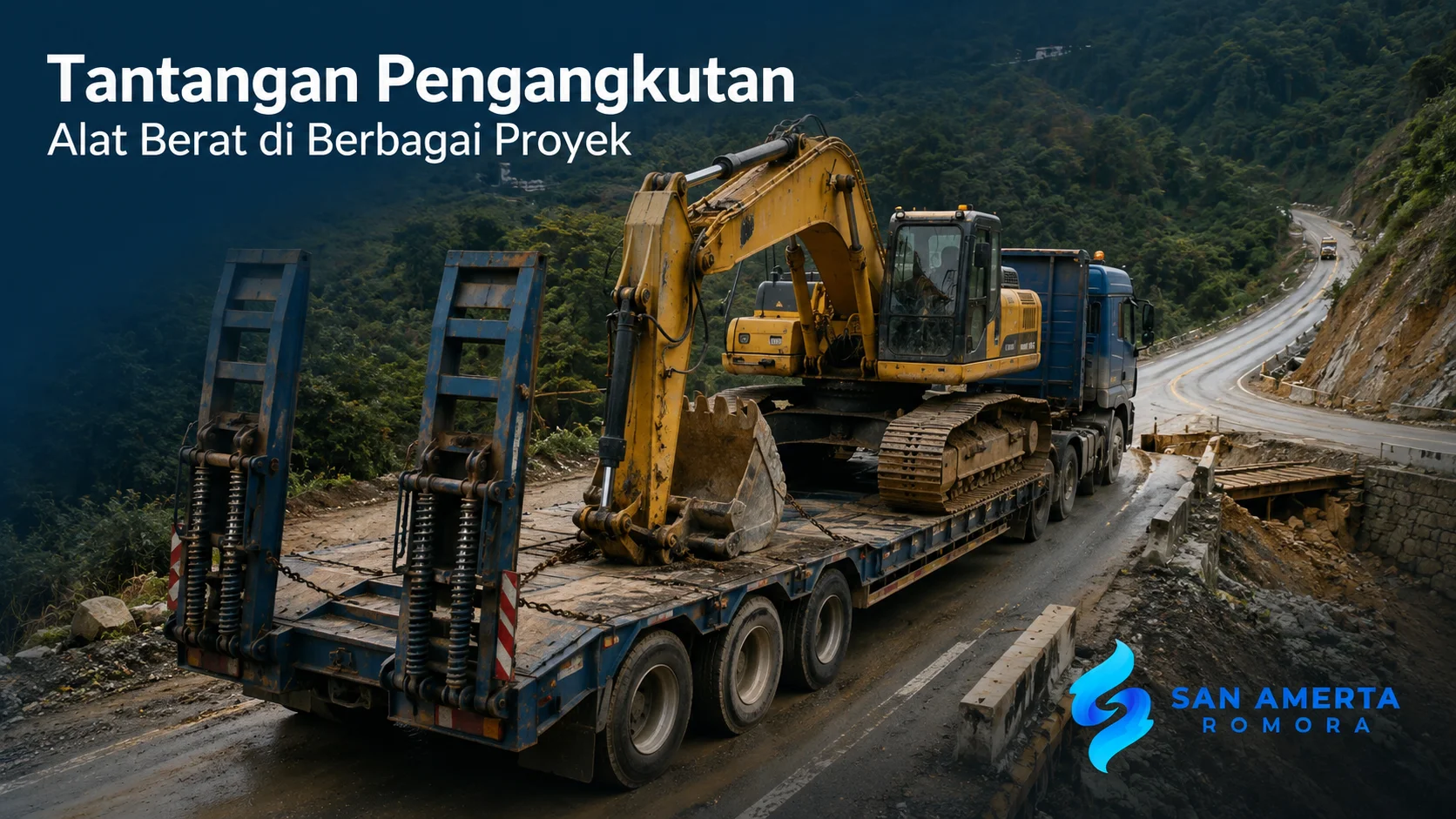 Pengangkutan alat berat menggunakan lowbed trailer menuju lokasi proyek melalui medan jalan yang menantang.