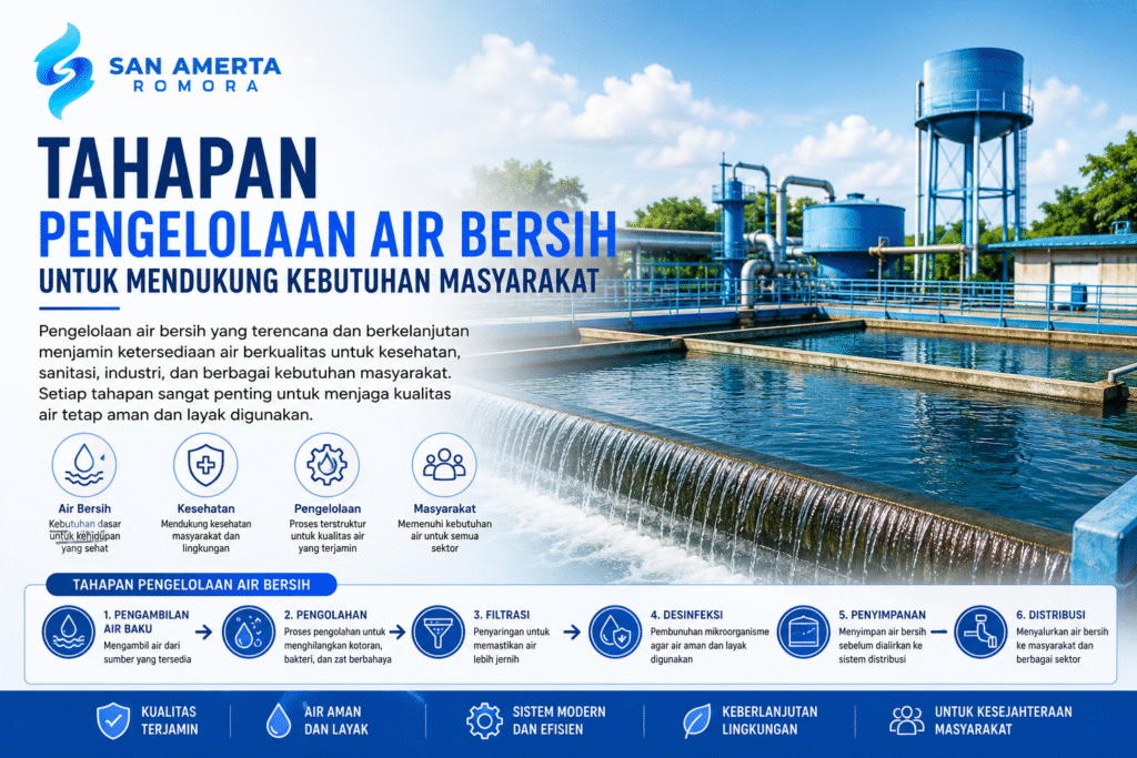 Pengelolaan air bersih menggunakan instalasi pengolahan modern untuk mendukung distribusi air berkualitas bagi masyarakat dan instansi.