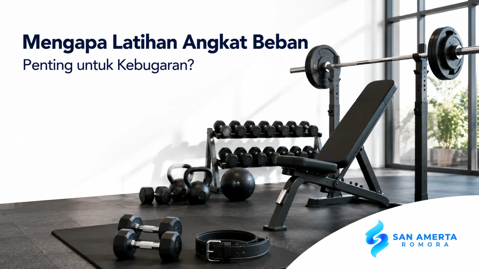 Peralatan angkat beban di gym modern untuk mendukung latihan kekuatan, pembentukan otot, dan kebugaran tubuh.