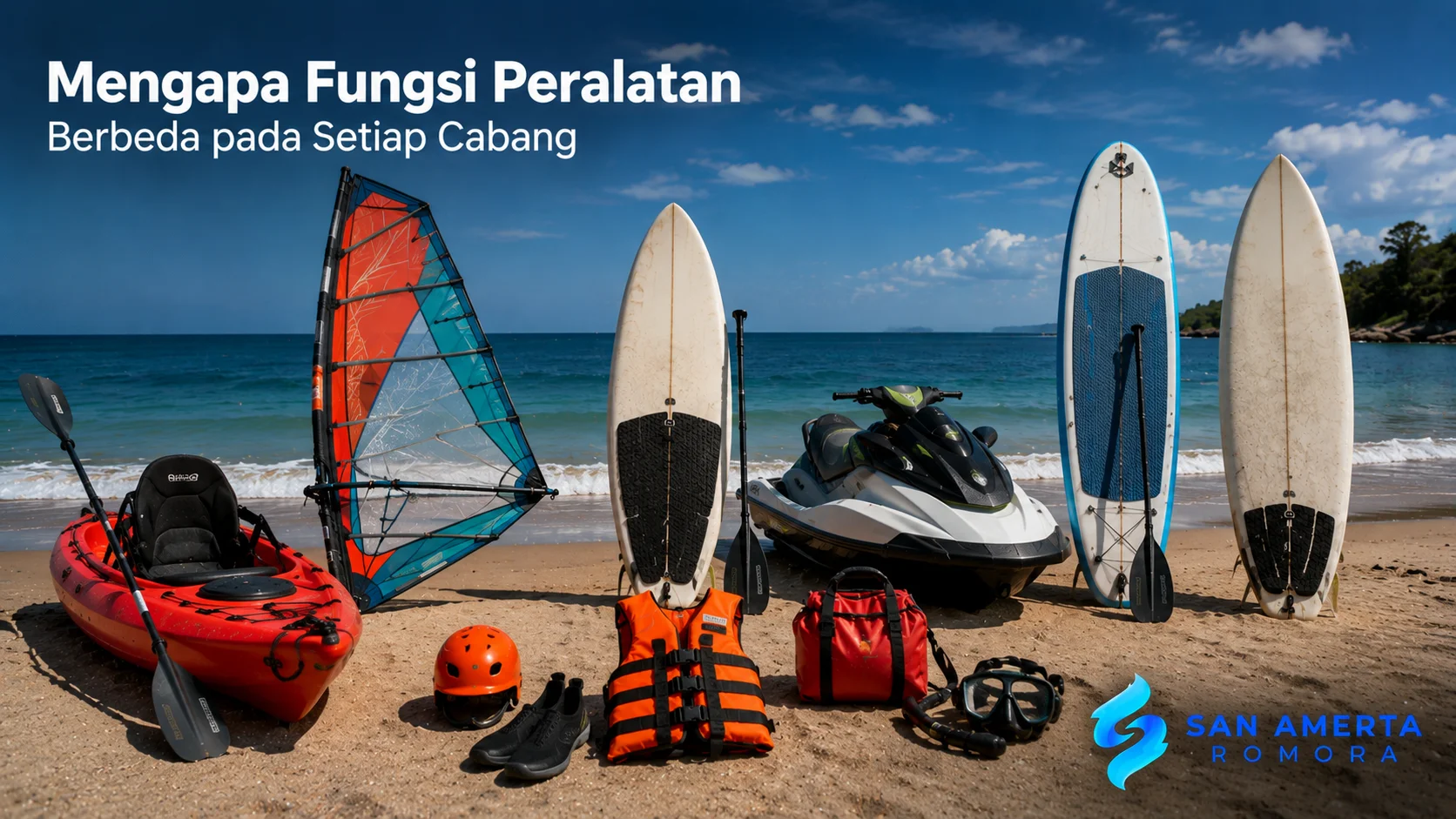 Berbagai perlengkapan olahraga air tersusun di tepi pantai sesuai fungsi masing-masing untuk berbagai jenis aktivitas.