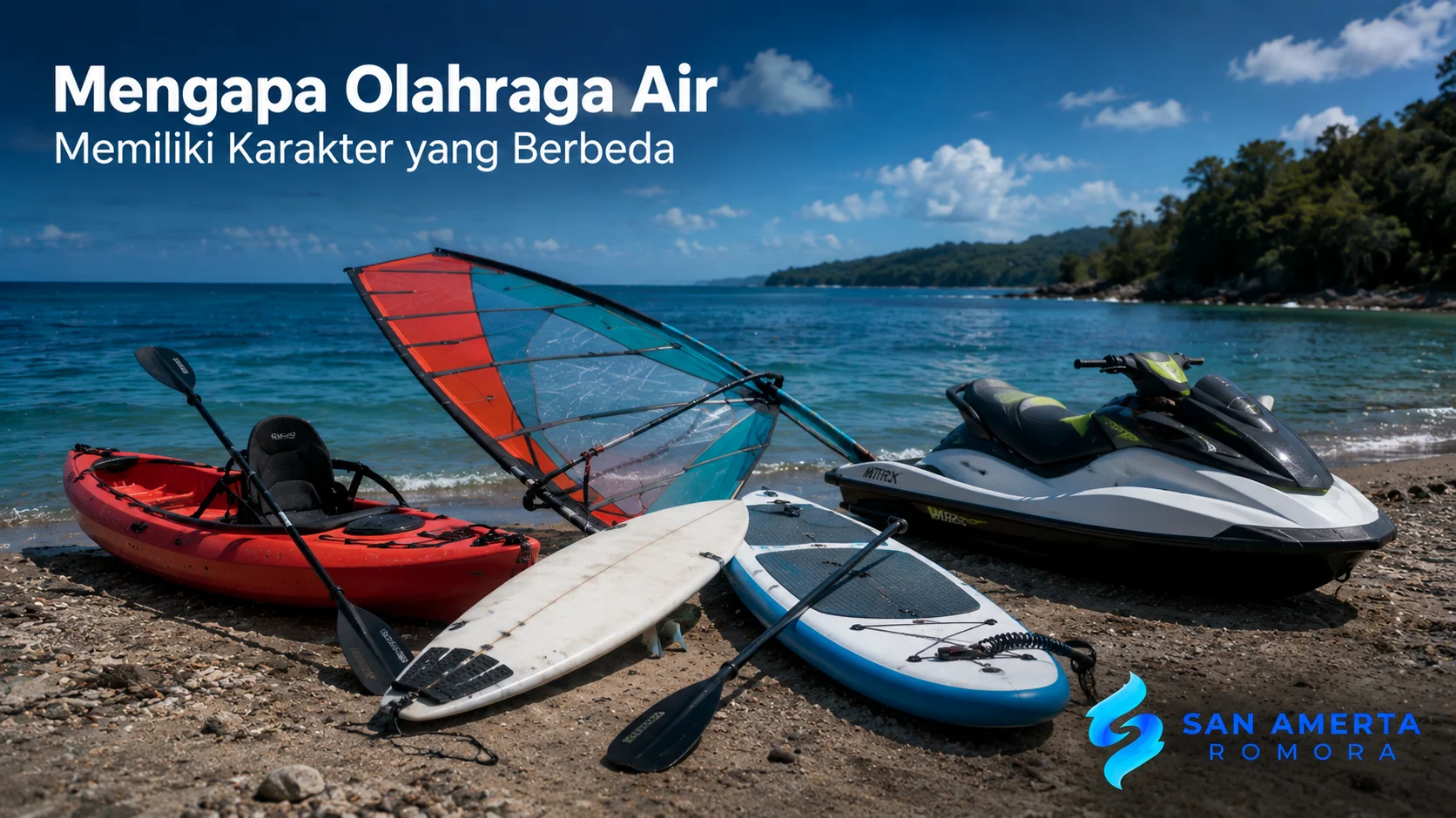Berbagai perlengkapan olahraga air seperti kayak, papan selancar, paddle board, windsurf, dan jet ski di satu lokasi pantai.