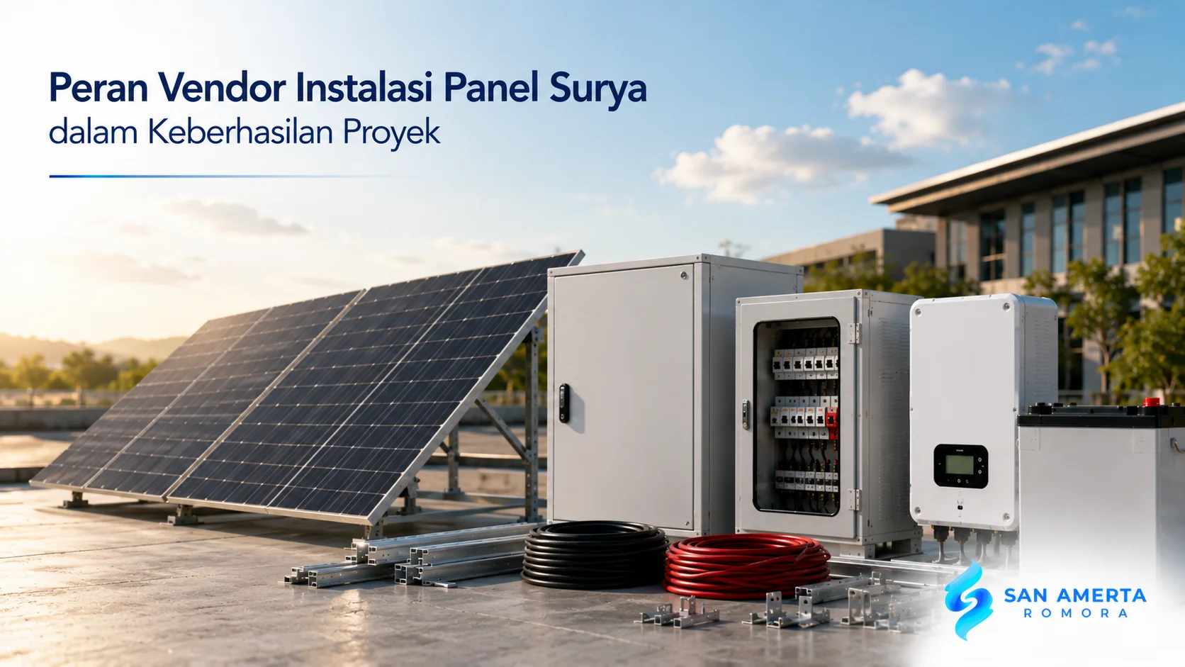 Instalasi panel surya beserta inverter dan panel kontrol sebagai ilustrasi peran vendor instalasi panel surya dalam keberhasilan proyek PLTS.