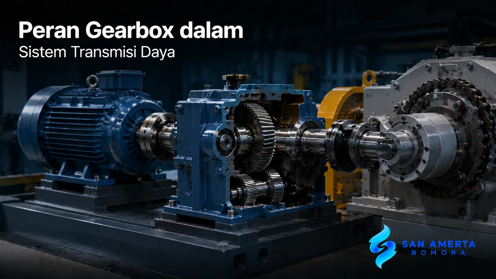 Gearbox industri terhubung dengan motor listrik sebagai ilustrasi sistem transmisi daya pada mesin modern.