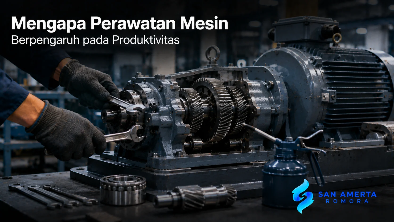 Proses perawatan mesin industri dengan gearbox dan peralatan teknisi sebagai ilustrasi pemeliharaan rutin untuk menjaga performa mesin.