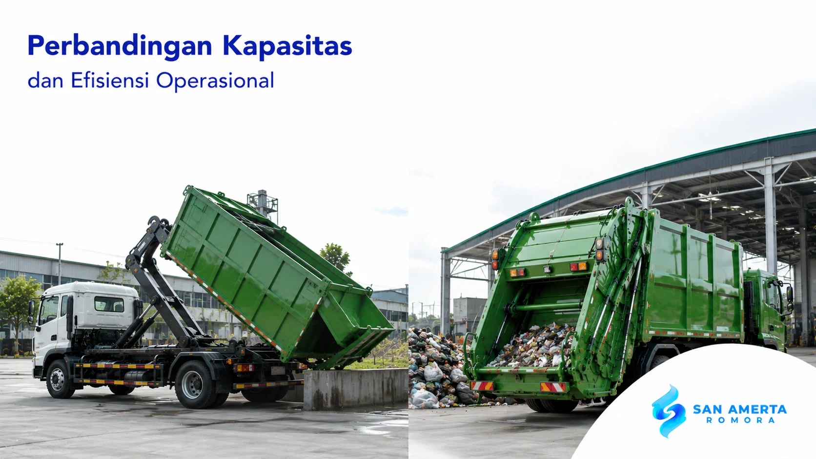 Perbandingan truk sampah arm roll dan compactor dalam proses pengangkutan dan pengelolaan sampah di fasilitas modern.