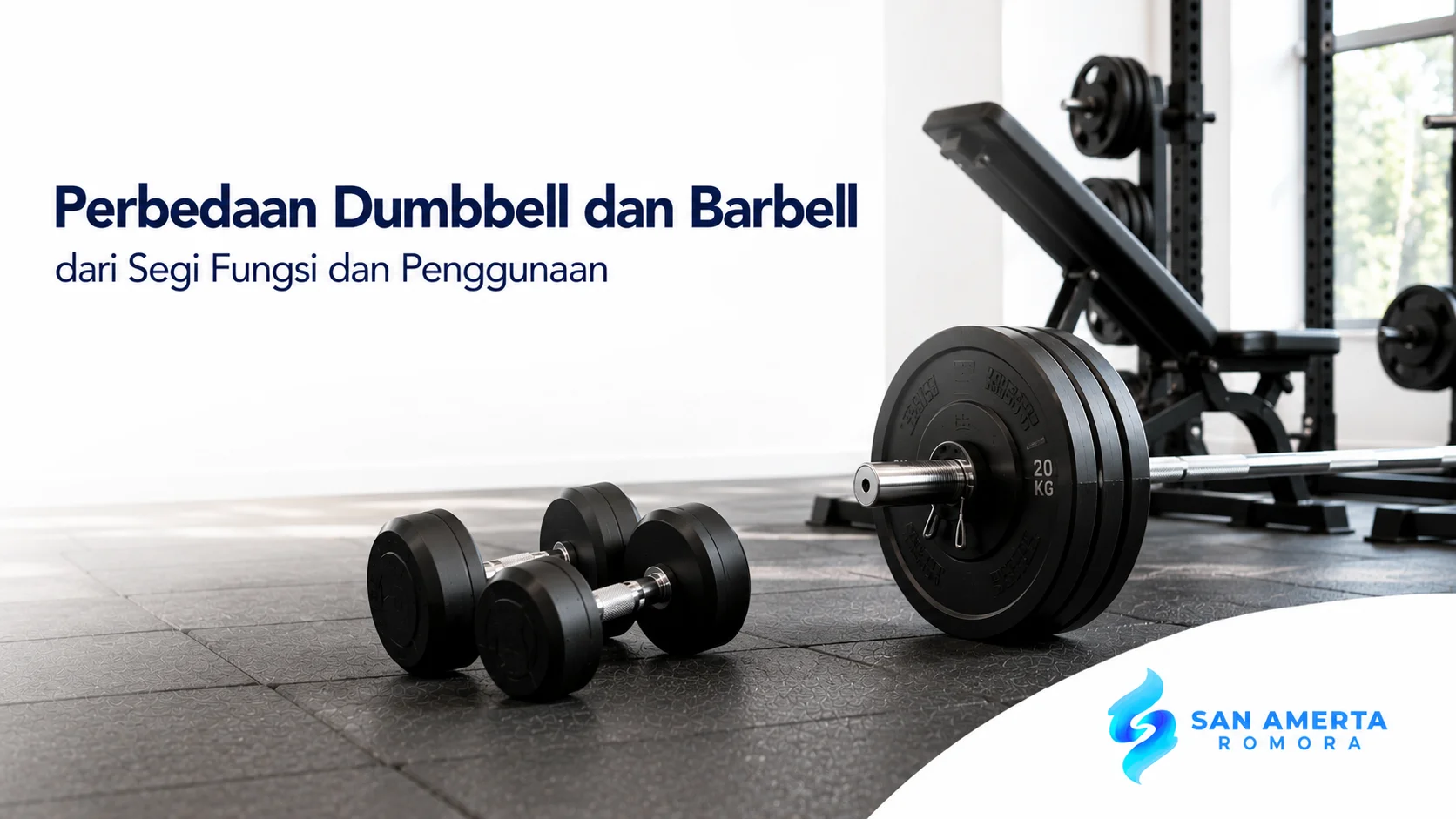 Dumbbell dan barbell di gym modern sebagai alat latihan beban dengan fungsi dan penggunaan yang berbeda.