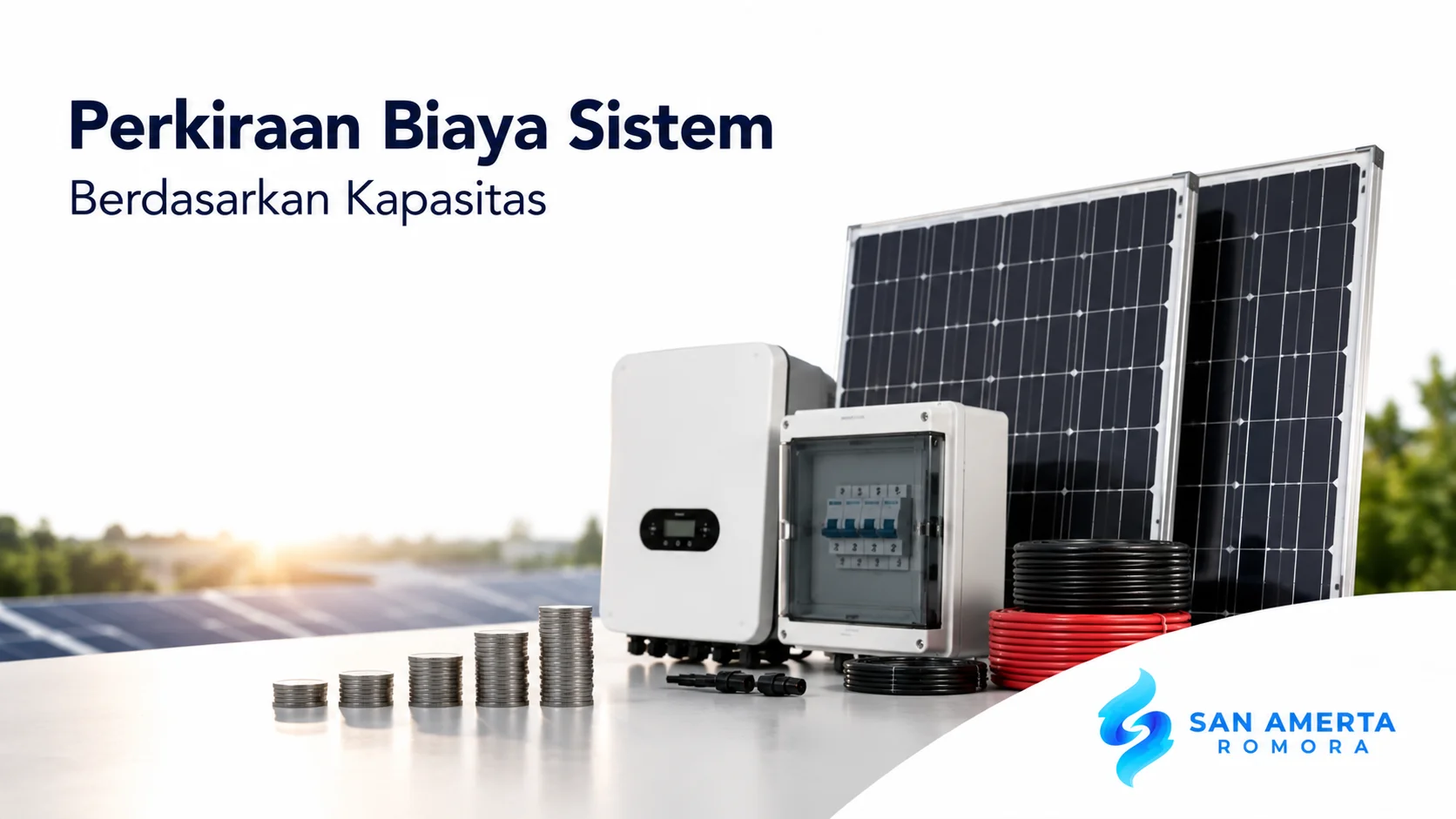 Komponen sistem PLTS dengan panel surya dan inverter sebagai ilustrasi perencanaan biaya berdasarkan kapasitas instalasi.
