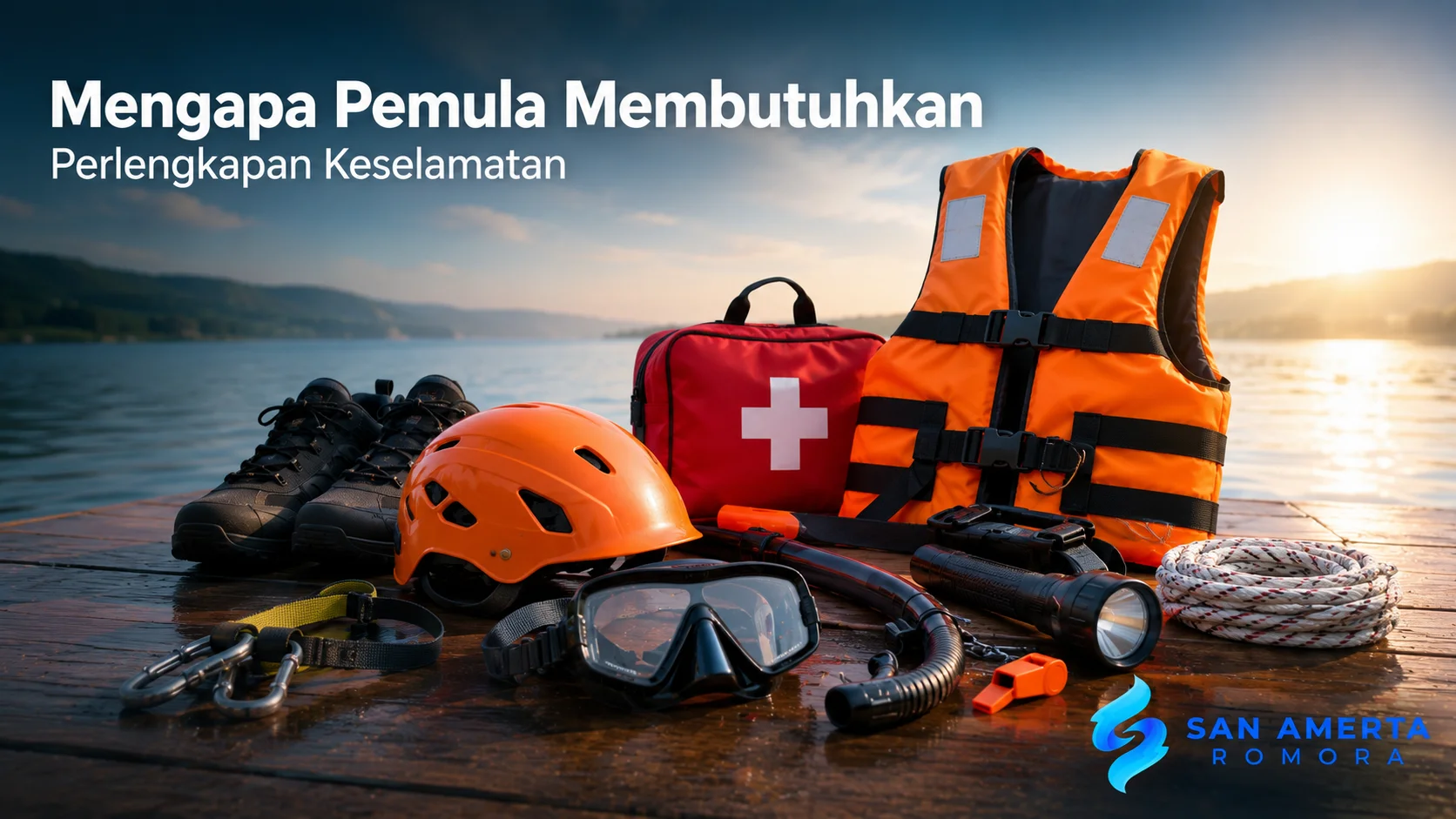 Perlengkapan keselamatan untuk aktivitas air seperti pelampung, helm, tali, dan perlengkapan darurat bagi pemula.