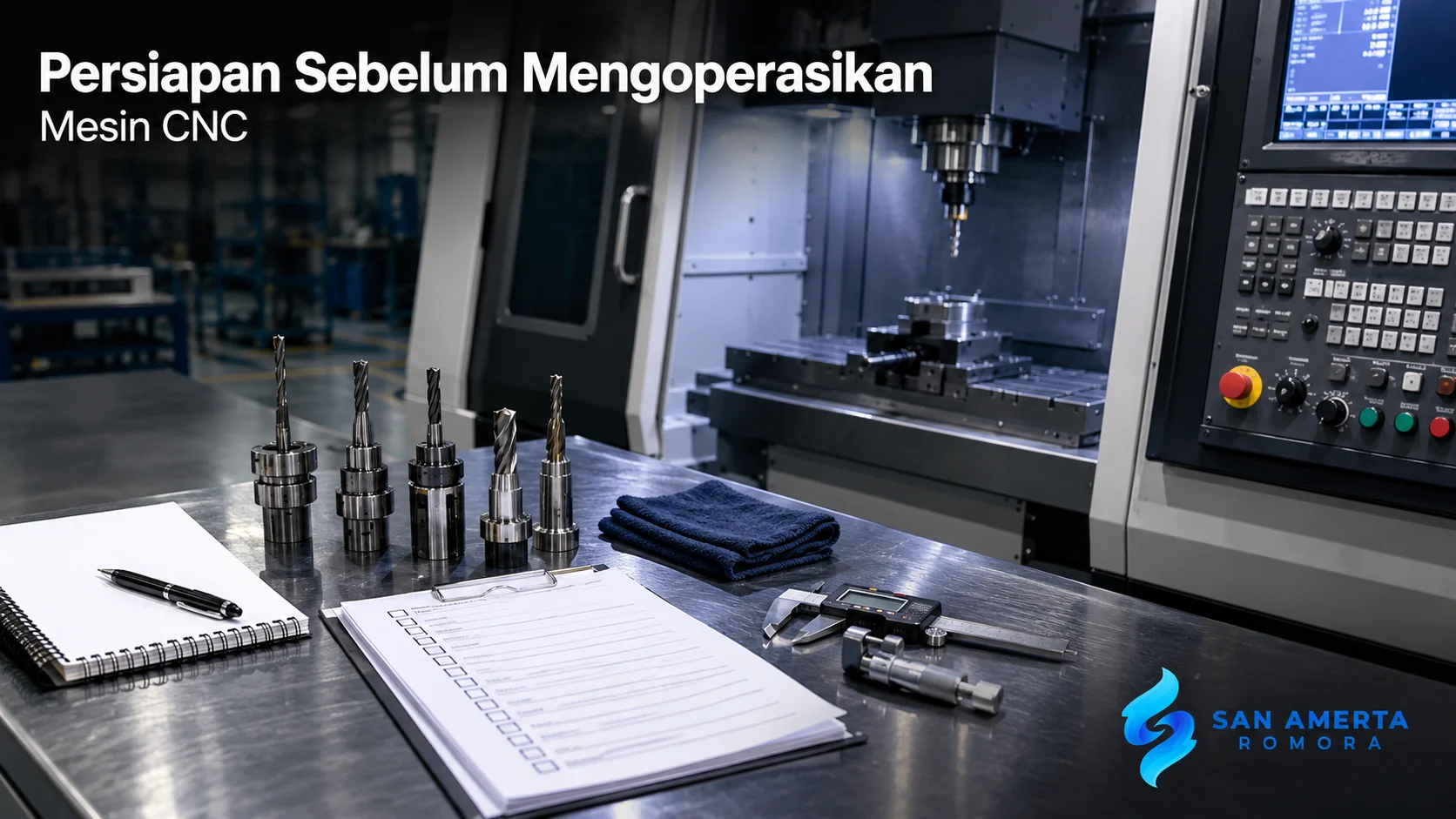 Perlengkapan persiapan kerja tersusun rapi di depan mesin CNC modern sebagai ilustrasi tahap persiapan sebelum proses pemesinan.