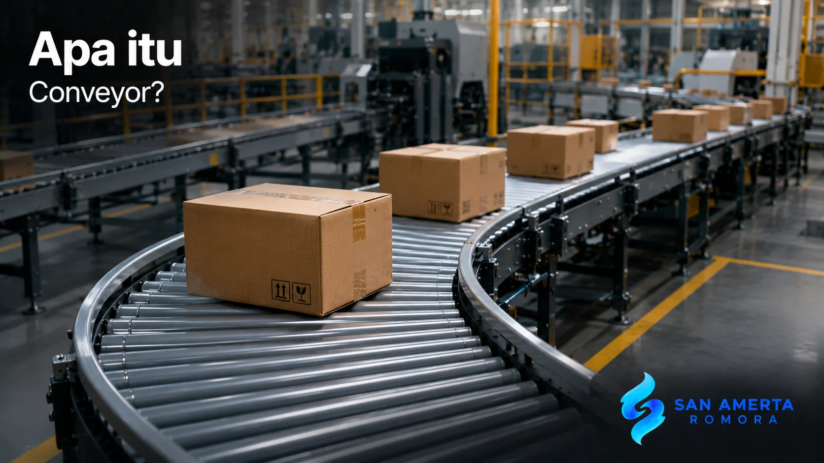 Sistem conveyor modern di area pabrik dengan aliran material sebagai ilustrasi proses pemindahan barang secara otomatis dalam industri.