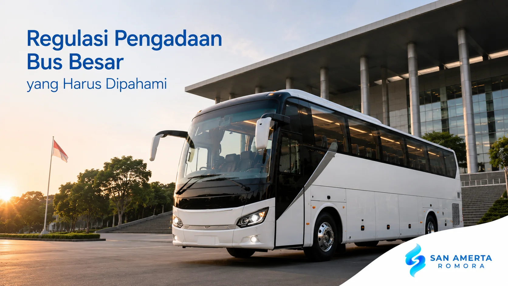 Bus besar modern di depan gedung pemerintahan sebagai ilustrasi regulasi pengadaan bus besar untuk instansi pemerintah.
