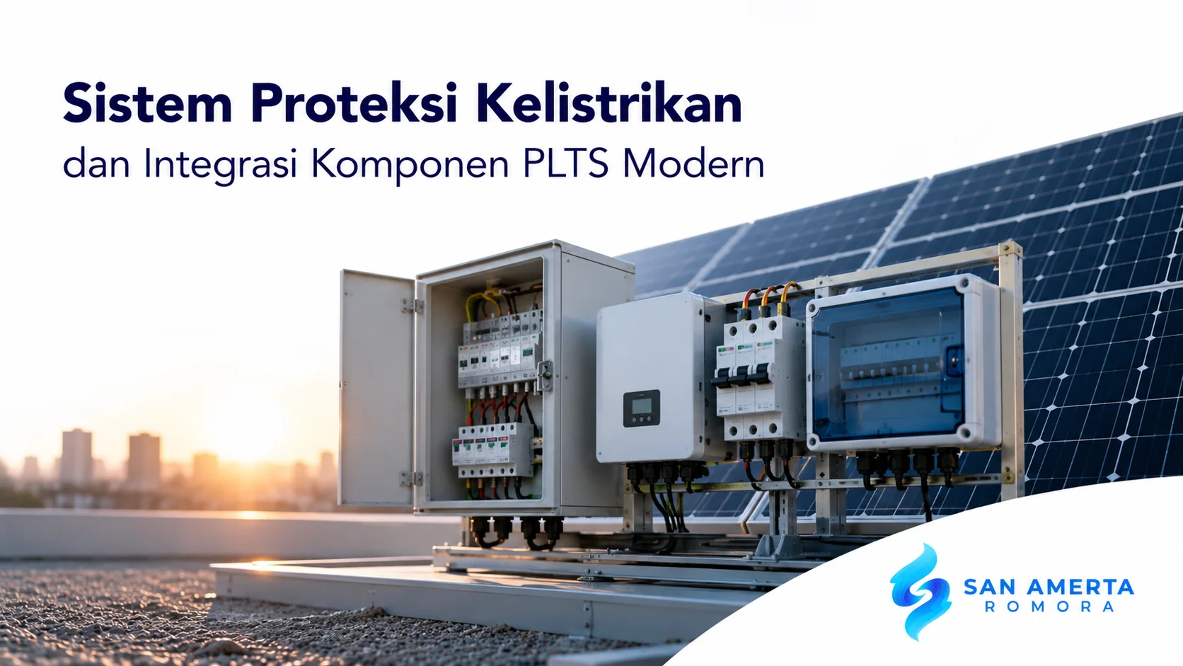 Panel proteksi kelistrikan dan inverter terintegrasi pada sistem PLTS modern untuk menjaga keamanan dan stabilitas listrik.