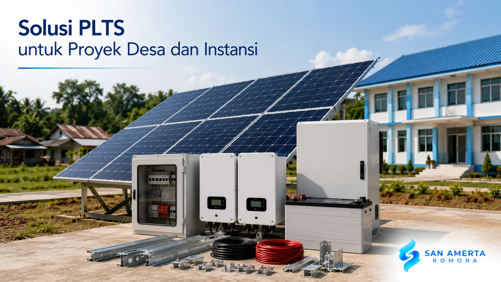 Instalasi PLTS dengan panel surya, inverter, dan baterai di area desa dan gedung instansi sebagai solusi energi terbarukan.