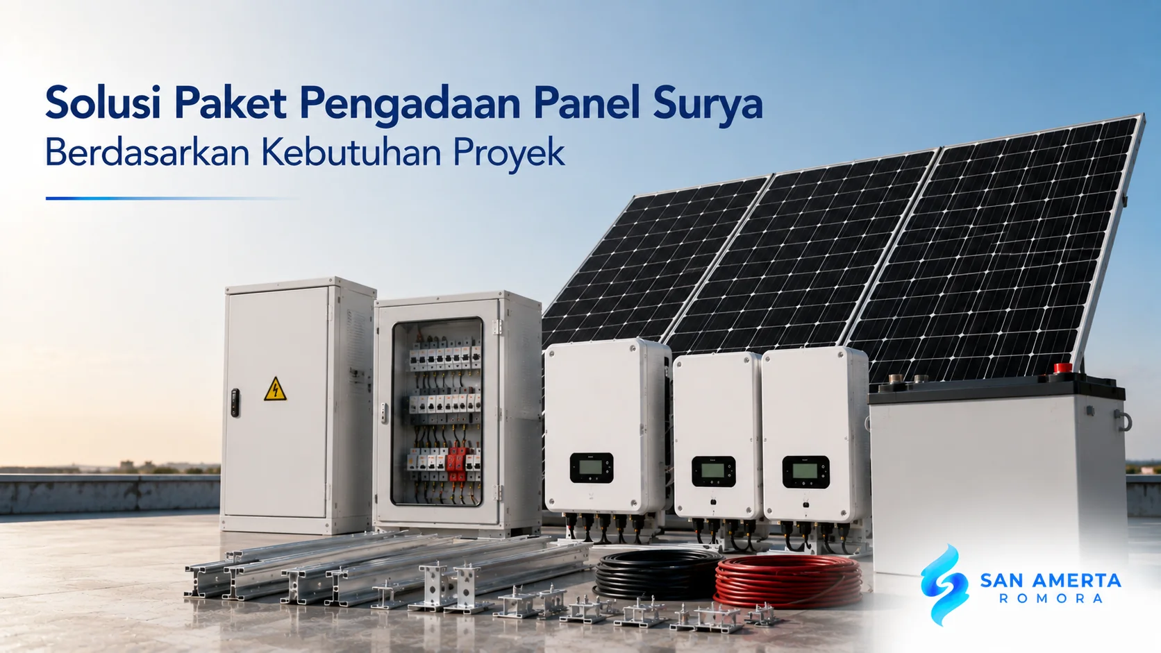 Paket sistem PLTS berisi panel surya, inverter, baterai, dan panel kontrol untuk berbagai kebutuhan proyek pengadaan.