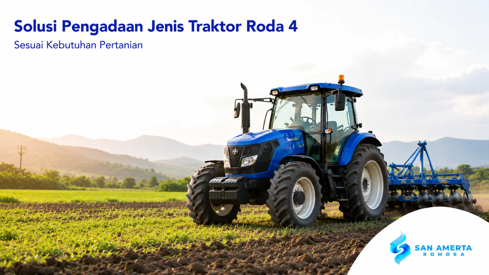 Traktor roda 4 modern di lahan pertanian sebagai solusi pengadaan alat pertanian yang efisien dan andal.