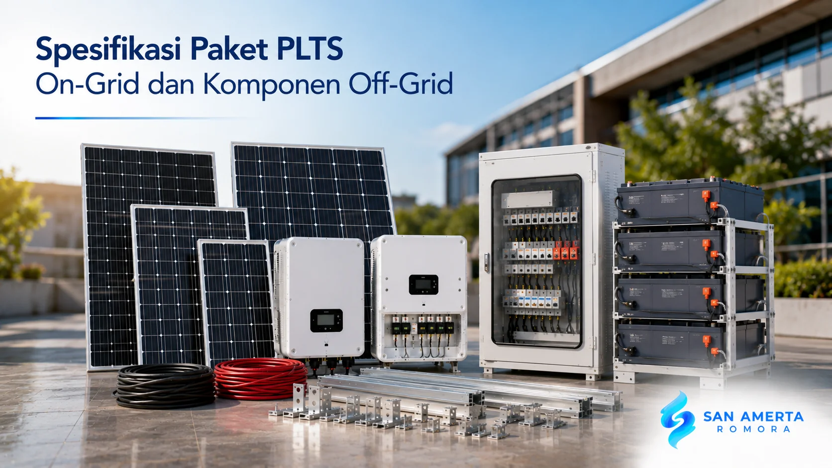 Paket PLTS on-grid dan komponen off-grid yang terdiri dari panel surya, inverter, baterai, serta panel kontrol untuk berbagai kebutuhan instalasi energi surya.