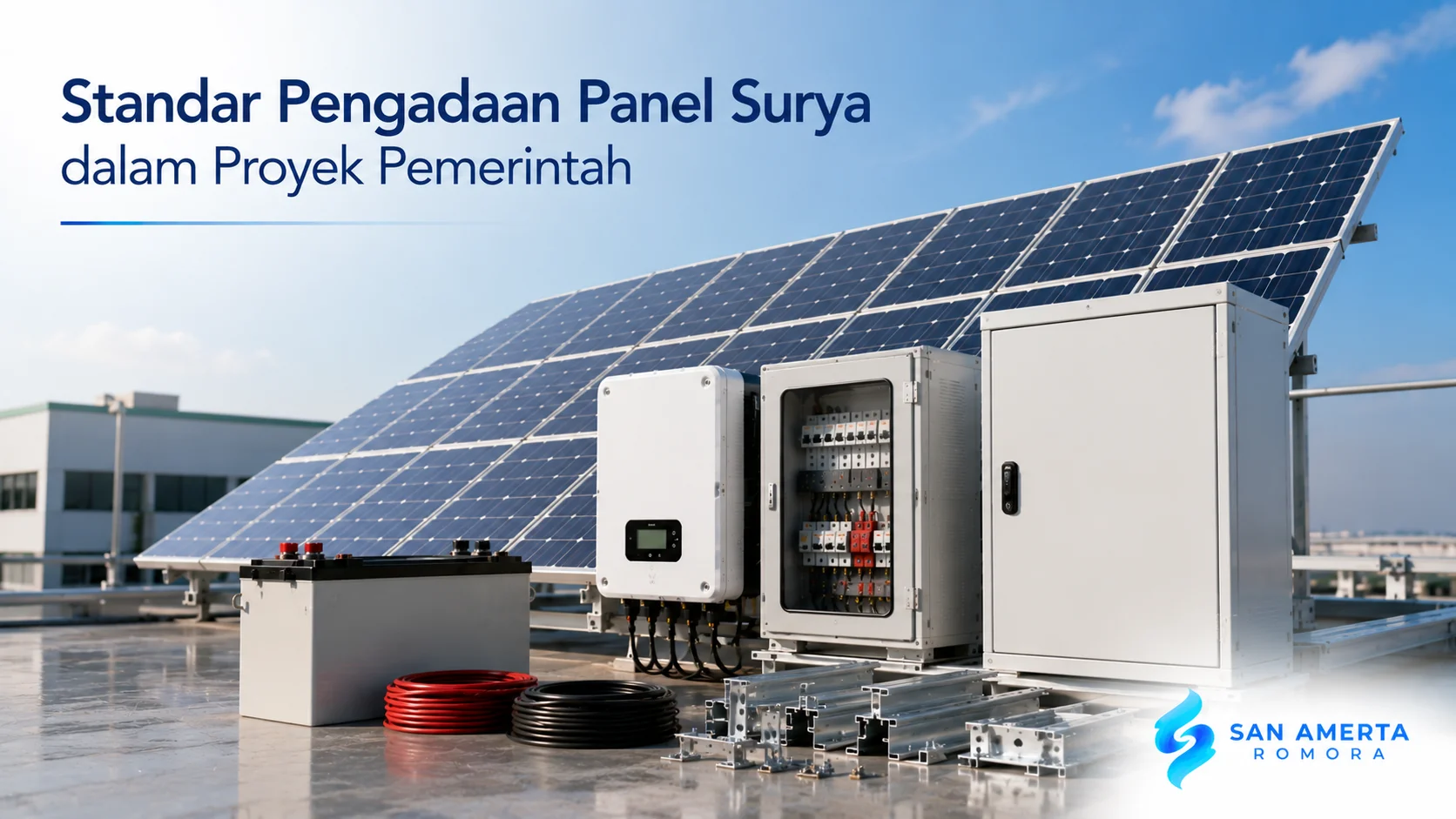 Sistem panel surya lengkap dengan inverter, baterai, dan panel kontrol sebagai ilustrasi standar pengadaan panel surya untuk proyek pemerintah.