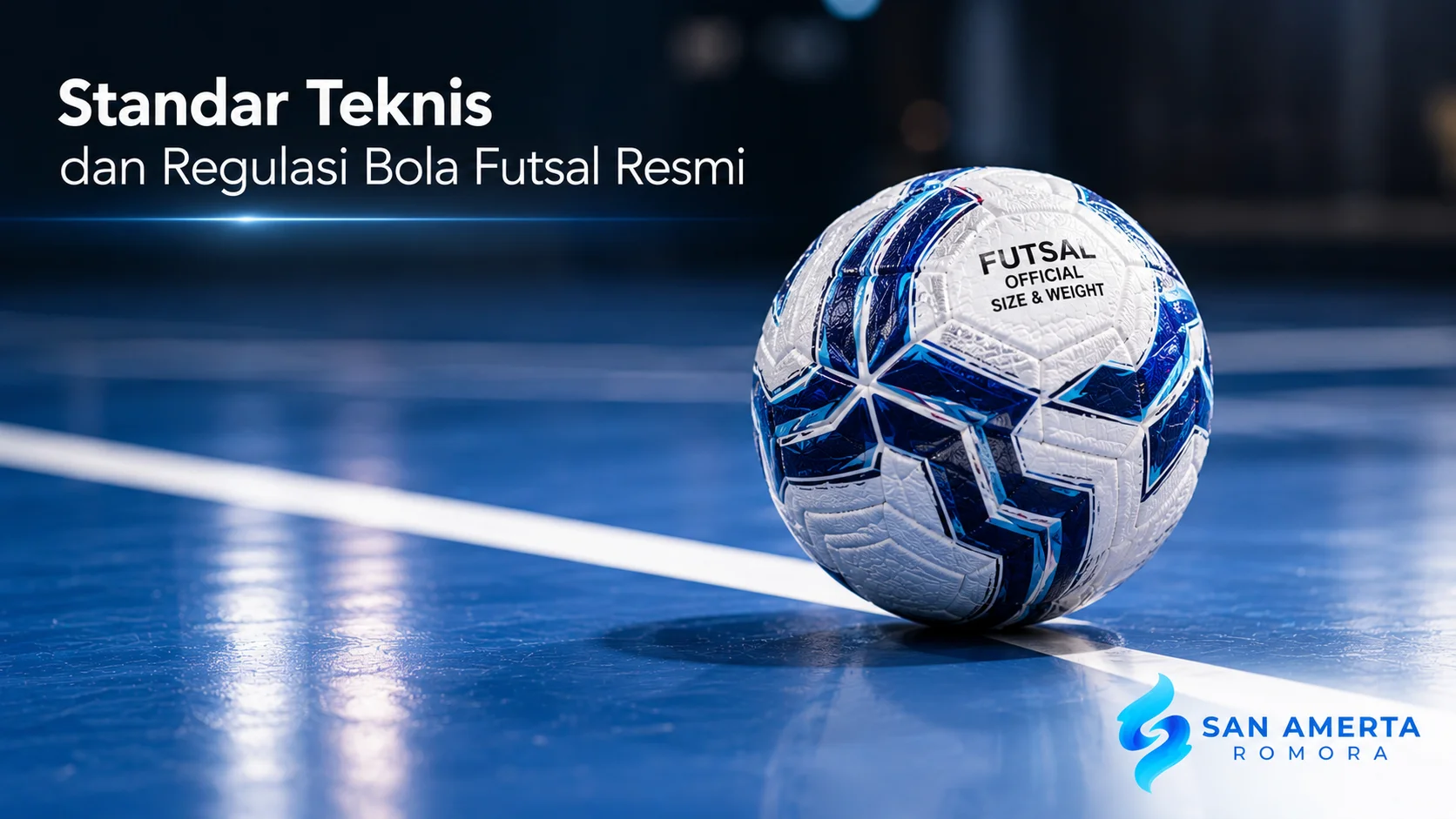 Bola futsal standar resmi di lapangan indoor dengan logo San Amerta Romora dan judul "Standar Teknis dan Regulasi Bola Futsal Resmi".