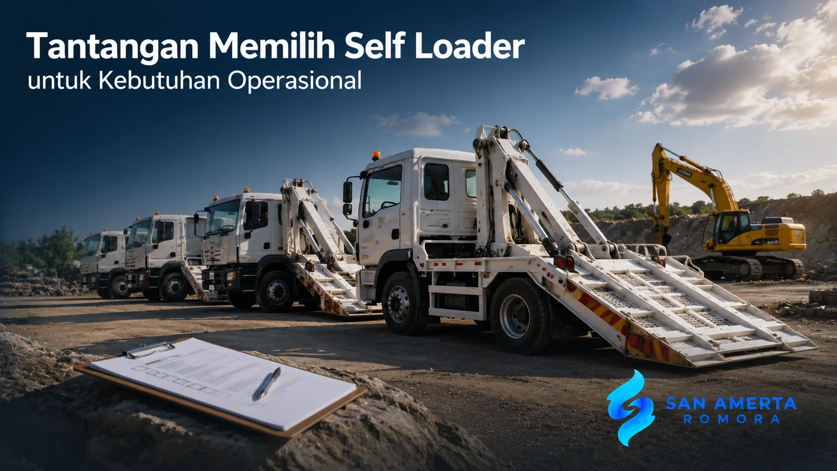Armada self loader digunakan untuk mengangkut alat berat dengan aman sesuai kebutuhan operasional proyek.