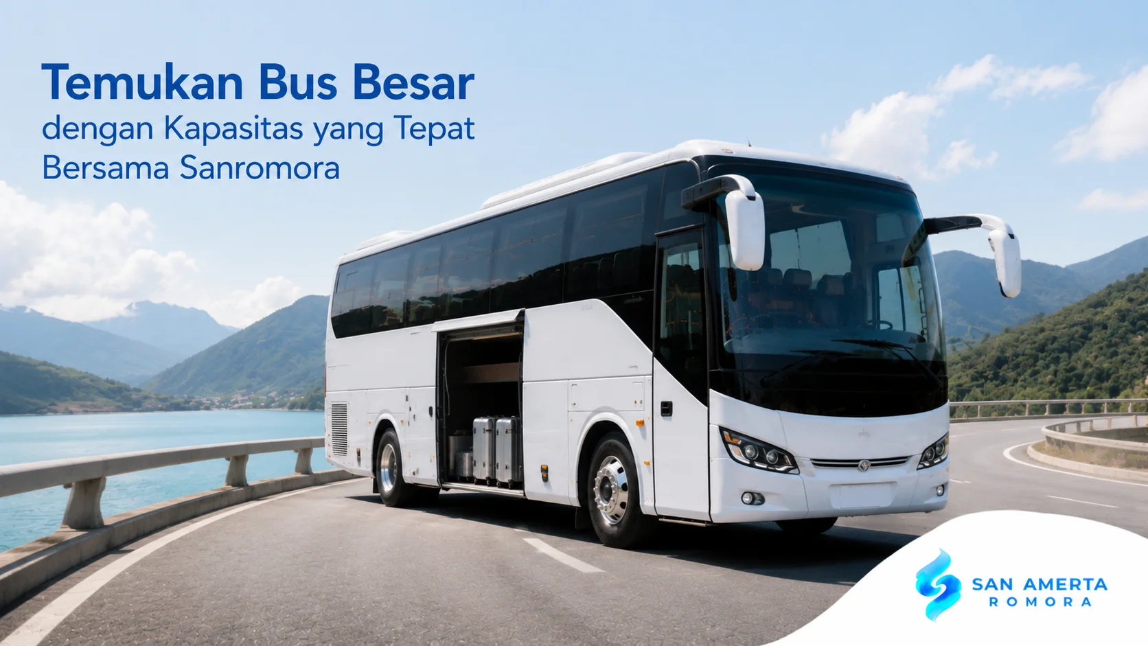 Bus besar modern berwarna putih di area gedung modern sebagai ilustrasi pemilihan bus besar dengan kapasitas yang sesuai kebutuhan.