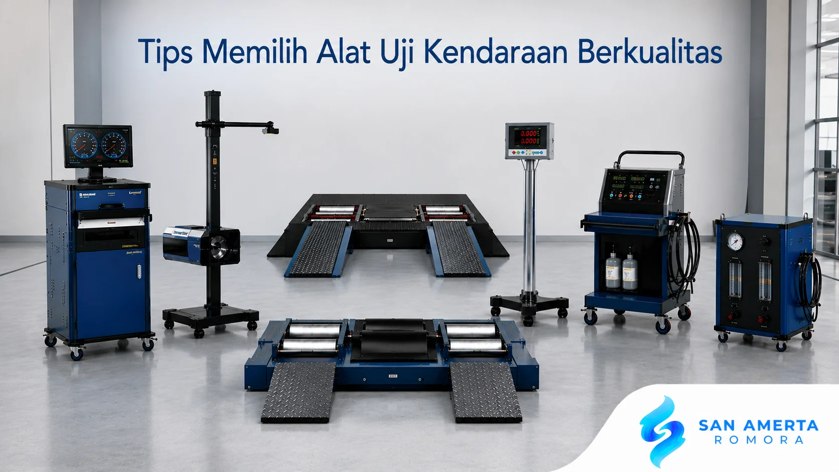 Berbagai alat uji kendaraan modern ditampilkan di fasilitas pengujian profesional dengan judul "Tips Memilih Alat Uji Kendaraan Berkualitas" serta logo San Amerta Romora di pojok kanan bawah.