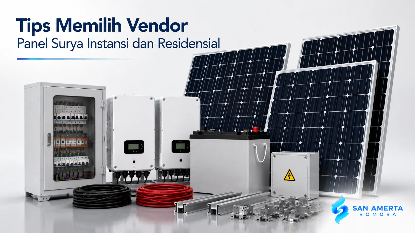 Panel surya, inverter, baterai, dan panel kontrol sebagai ilustrasi pemilihan vendor panel surya untuk kebutuhan instansi dan residensial.