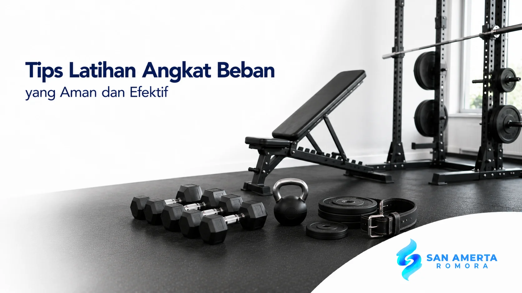 Peralatan angkat beban seperti dumbbell, kettlebell, weight plate, bench, dan squat rack untuk mendukung latihan beban yang aman dan efektif.