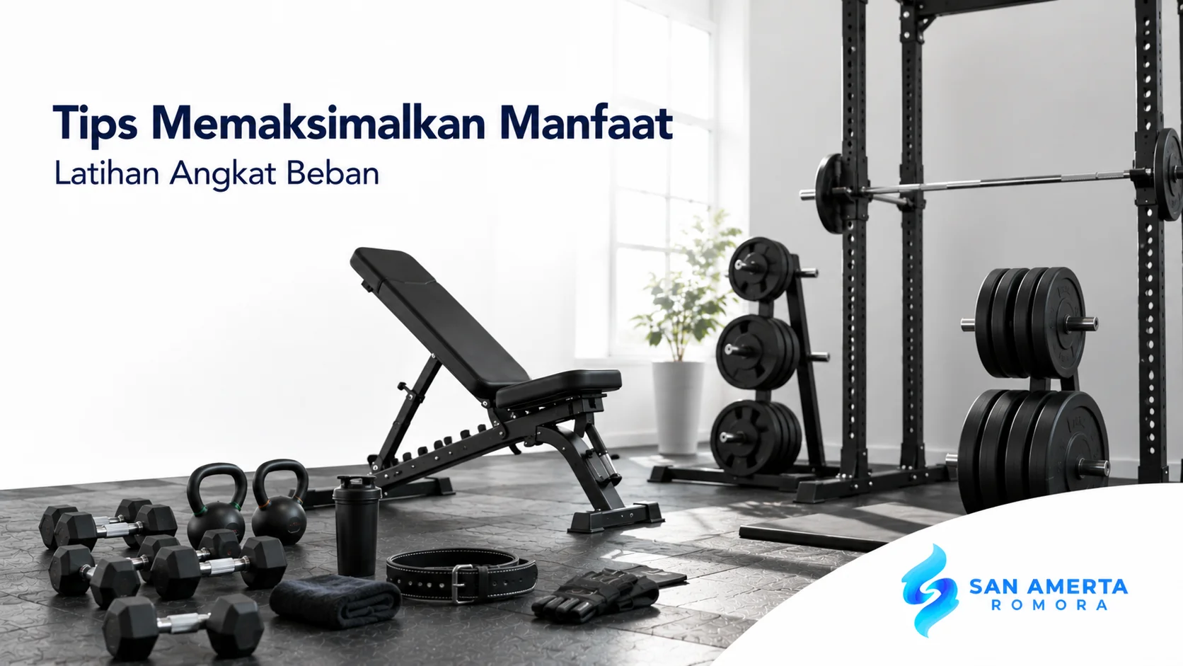 Peralatan latihan angkat beban di gym modern yang mendukung latihan kekuatan, pembentukan otot, dan kebugaran tubuh.