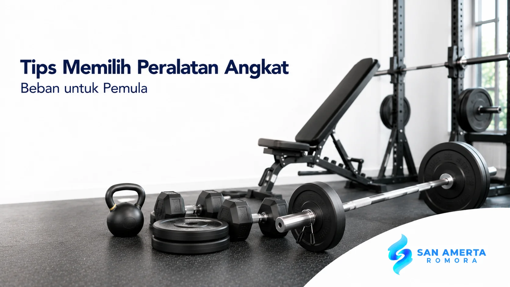 Peralatan angkat beban seperti dumbbell, barbell, kettlebell, dan weight plate untuk membantu pemula memulai latihan dengan aman.