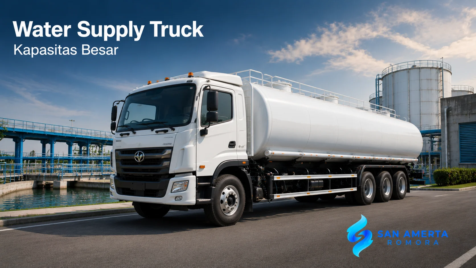 Water supply truck kapasitas besar dengan tangki berukuran besar untuk kebutuhan distribusi air dalam skala luas.