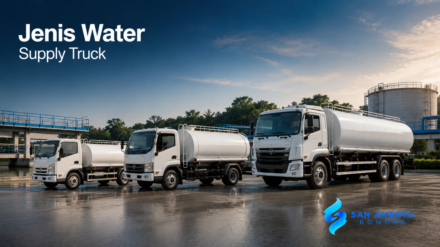 Berbagai jenis water supply truck dengan kapasitas berbeda untuk mendukung kebutuhan distribusi air.