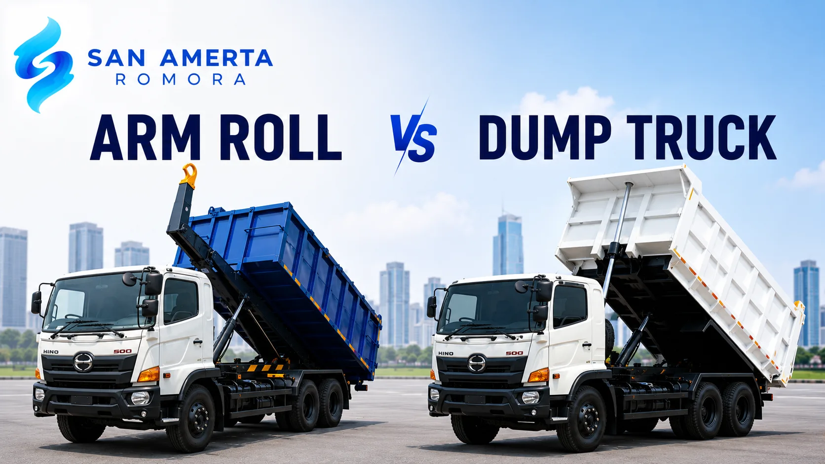 Perbandingan Arm Roll dan Dump Truck berdasarkan sistem kerja, kapasitas angkut, fungsi, dan spesifikasi untuk kebutuhan operasional.