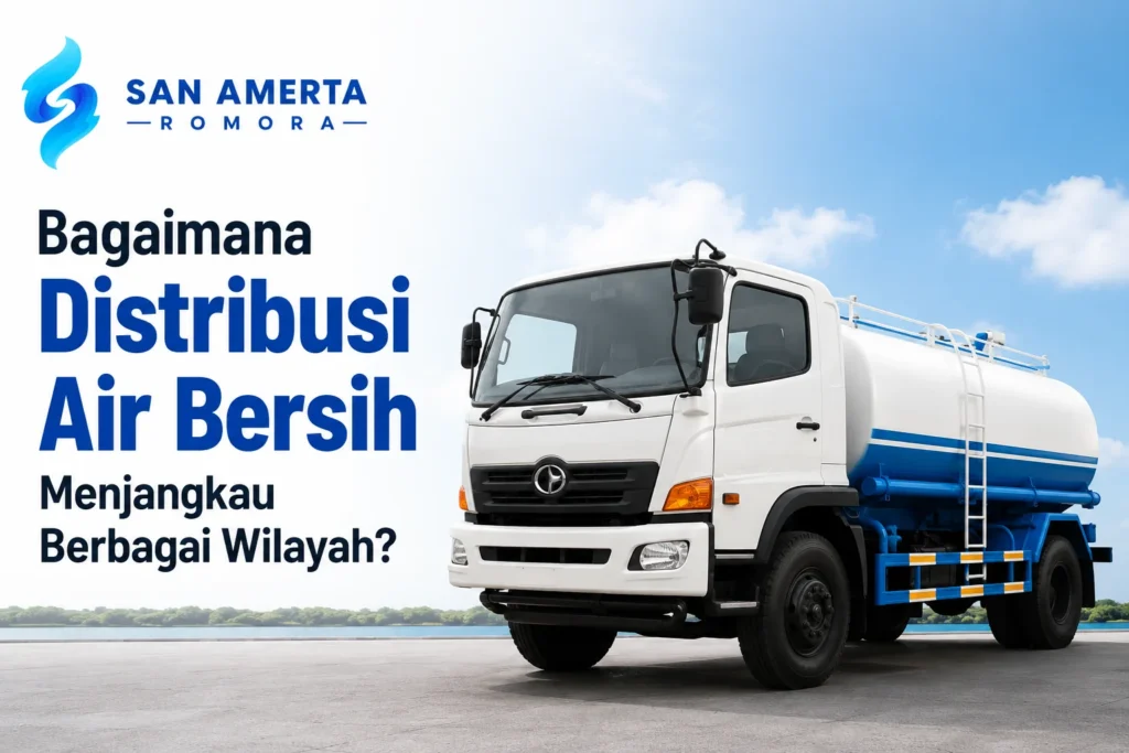 Fungsi Water Supply Truck dalam mendistribusikan air bersih ke berbagai wilayah menggunakan kendaraan tangki air dari San Amerta Romora.