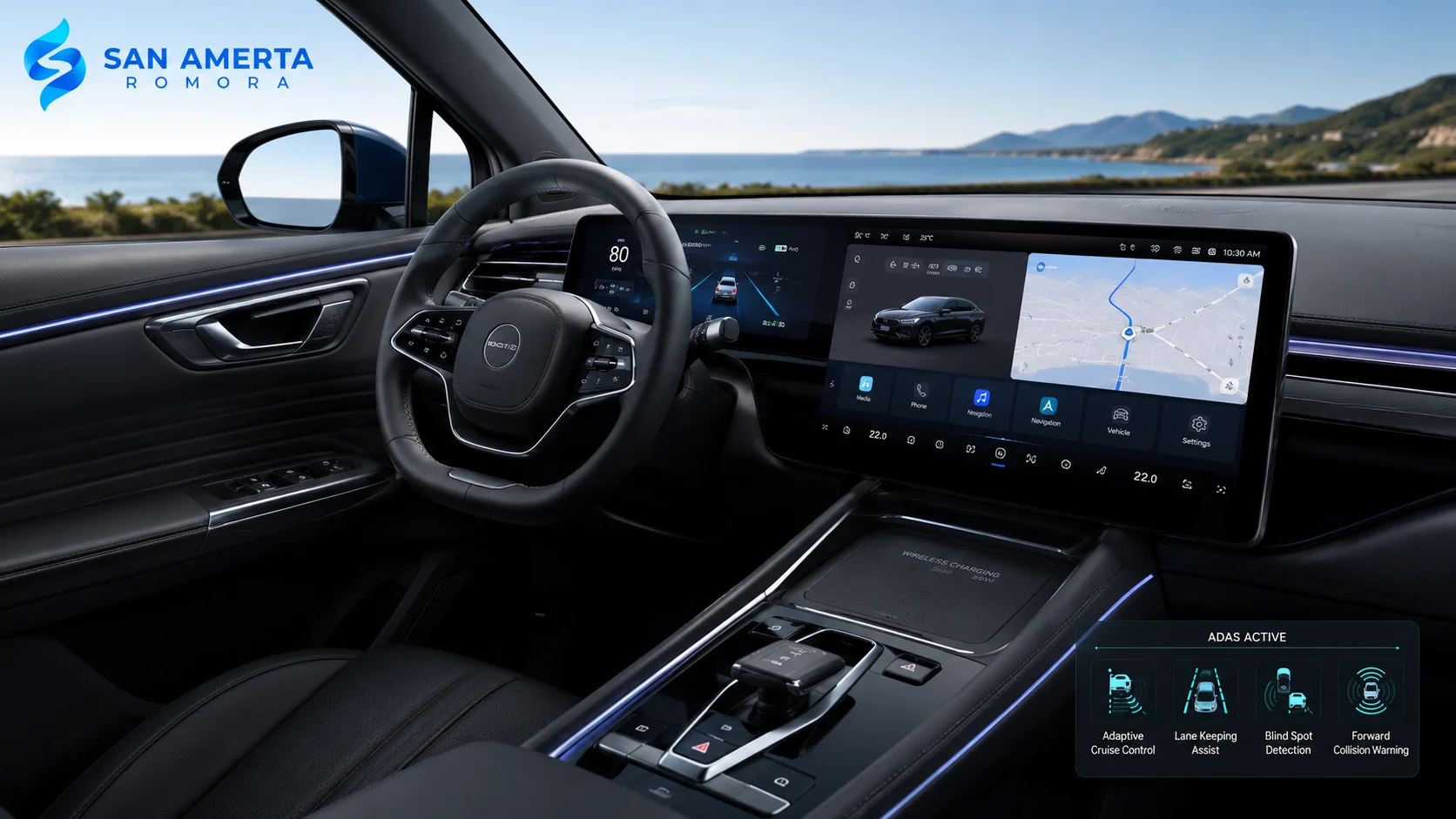 Interior modern pada jenis mobil listrik sedan dengan teknologi keselamatan terbaru.