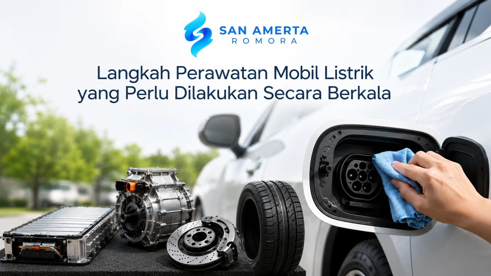 Membersihkan port pengisian daya sebagai bagian dari perawatan mobil listrik.