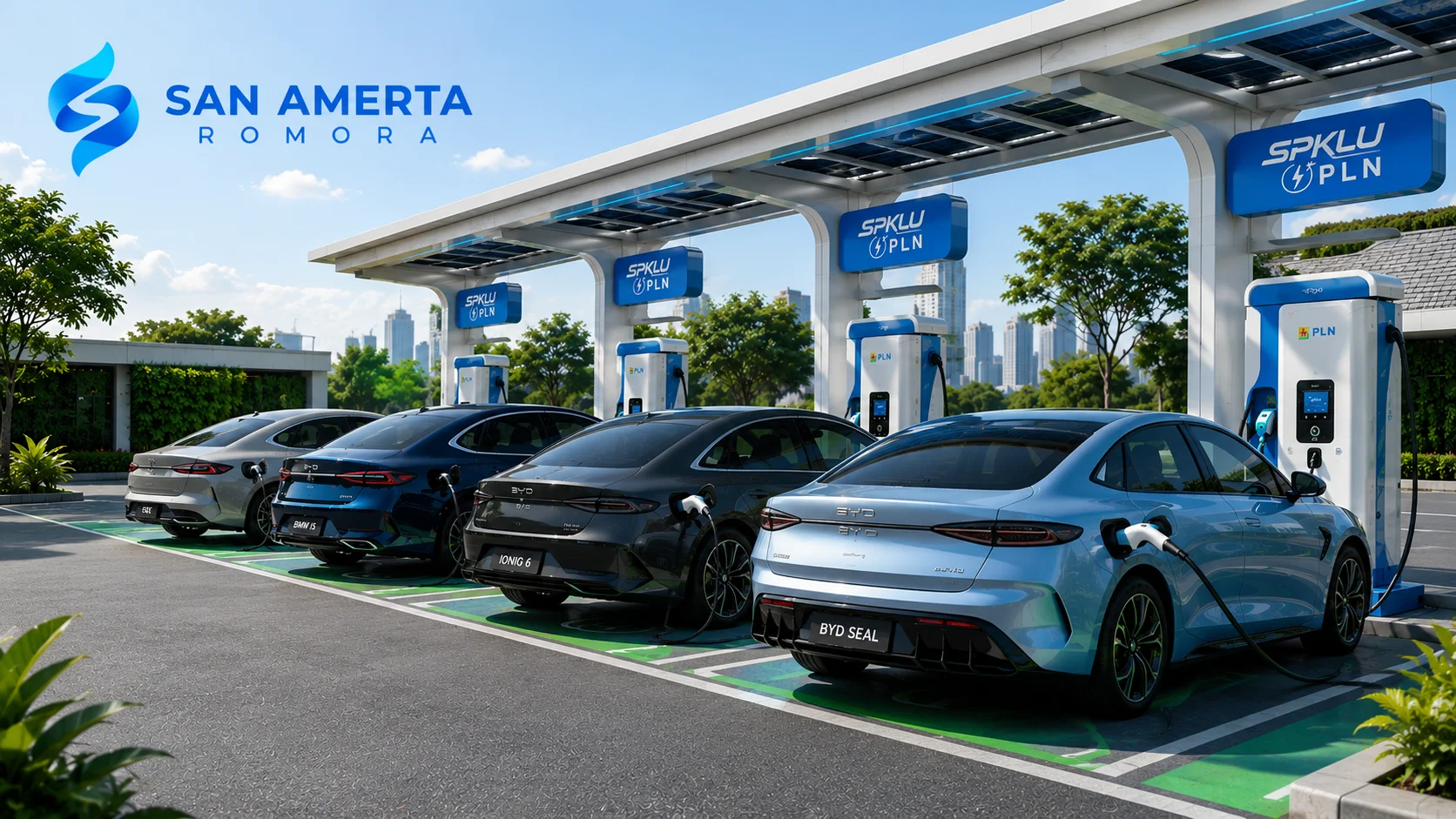 Beragam jenis mobil listrik sedan sedang melakukan pengisian daya di SPKLU Indonesia.