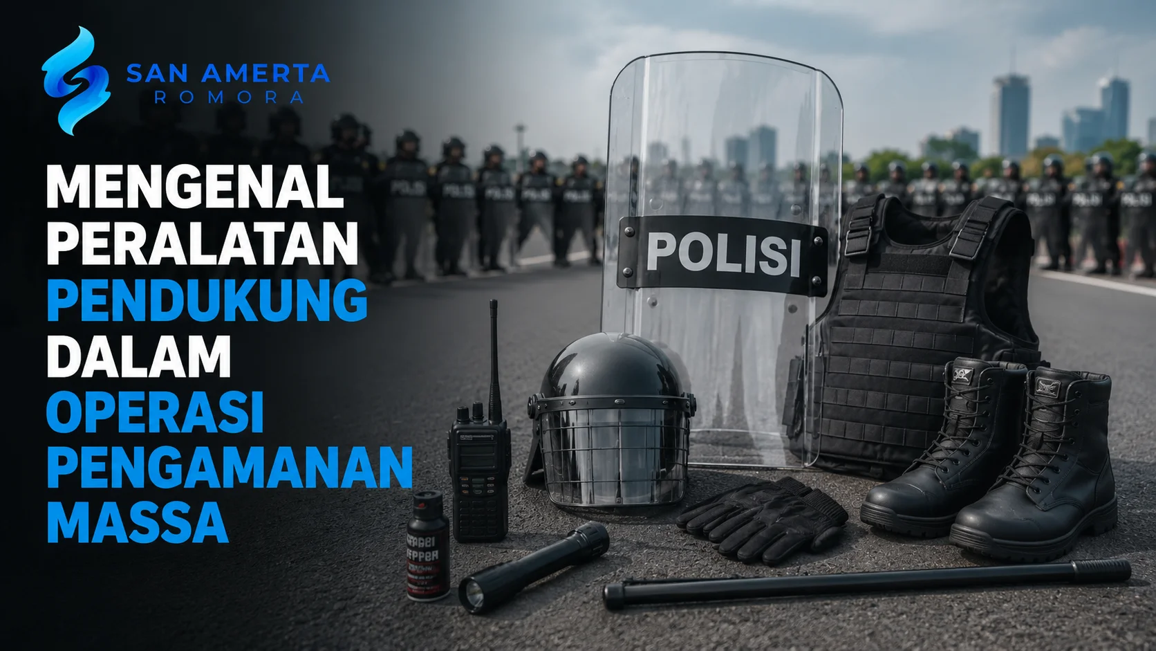 Perlengkapan Dalmas berupa tameng, helm, rompi pelindung, dan perlengkapan pengendalian massa untuk mendukung operasi pengamanan